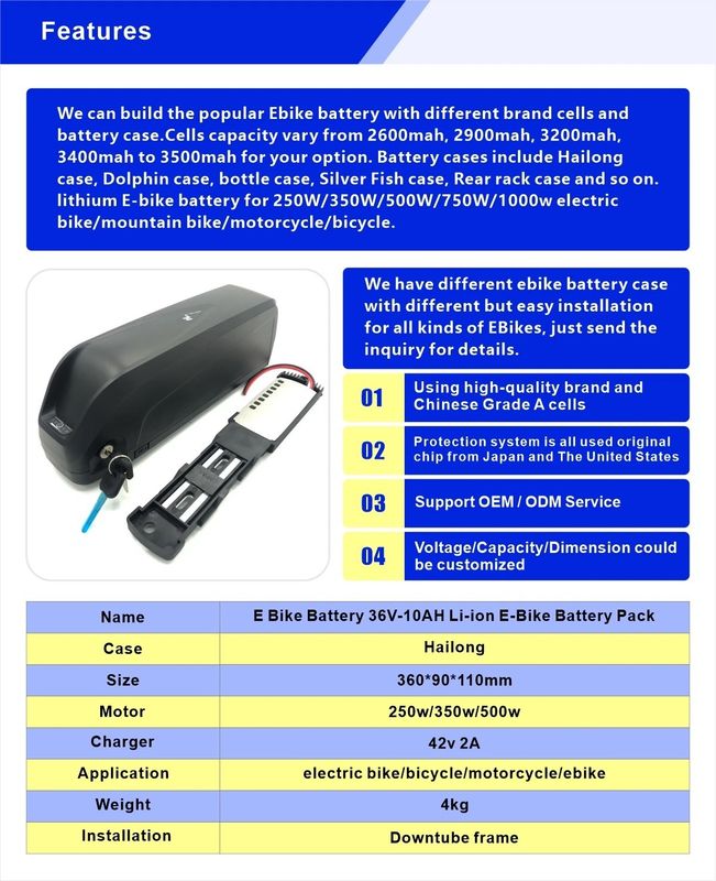 Baterai E Bike Berkinerja Tinggi untuk Kasus Hailong 250w/350w/500w Motor Hitam