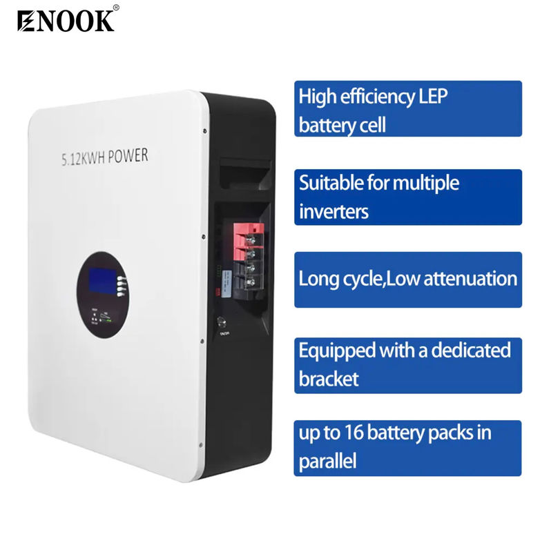 5.12kwh Baterai tunggal LiFePO4 Baterai penyimpanan energi rumah dengan kelas perlindungan IP20